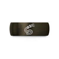 men’s custom engraved band – gunmetal & black tungsten firefighter hose spray wedding band
