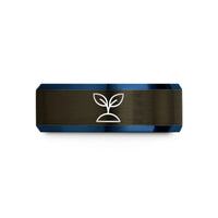 engraved rings for couples – gunmetal & blue tungsten seedling wedding band