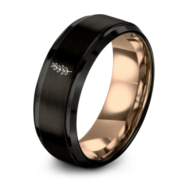 Thyme Stem – Tungsten Wedding Band, 8 mm, Black, Rose Gold Comfort-Fit Unisex