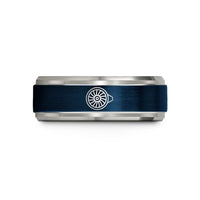 custom rings with engraving – blue & grey tungsten jet engine turbine wedding band
