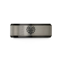 custom engraved rings present – black & grey tungsten mabon oak leaves wedding band
