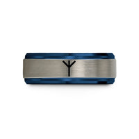 engraved rings for him – black & blue & grey tungsten algiz rune wedding band