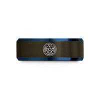special occasion rings – gunmetal & blue tungsten transmutation circle wedding band