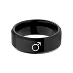 engraved rings for him – black tungsten planetary symbol mars wedding band