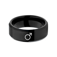 engraved rings for him – black tungsten planetary symbol mars wedding band