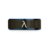 engraved rings for her – gunmetal & blue tungsten lambda wedding band