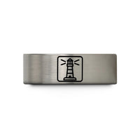 custom engraved rings men – blue & gray tungsten lighthouse stamp wedding band