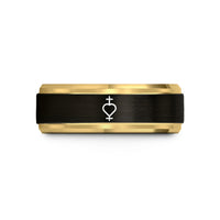 customized wedding anniversary present – black & gold tungsten nonbinary symbol heart wedding band