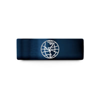 engraved wedding band women – black & blue tungsten west centered globe wedding band