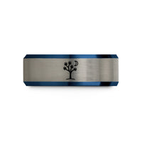 engraved rings for couples – black & blue & grey tungsten tree moon wedding band