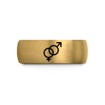 engraved rings for him – gold & gray tungsten interlocking male symbols wedding band