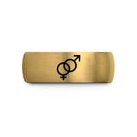 engraved rings for him – gold & gray tungsten interlocking male symbols wedding band