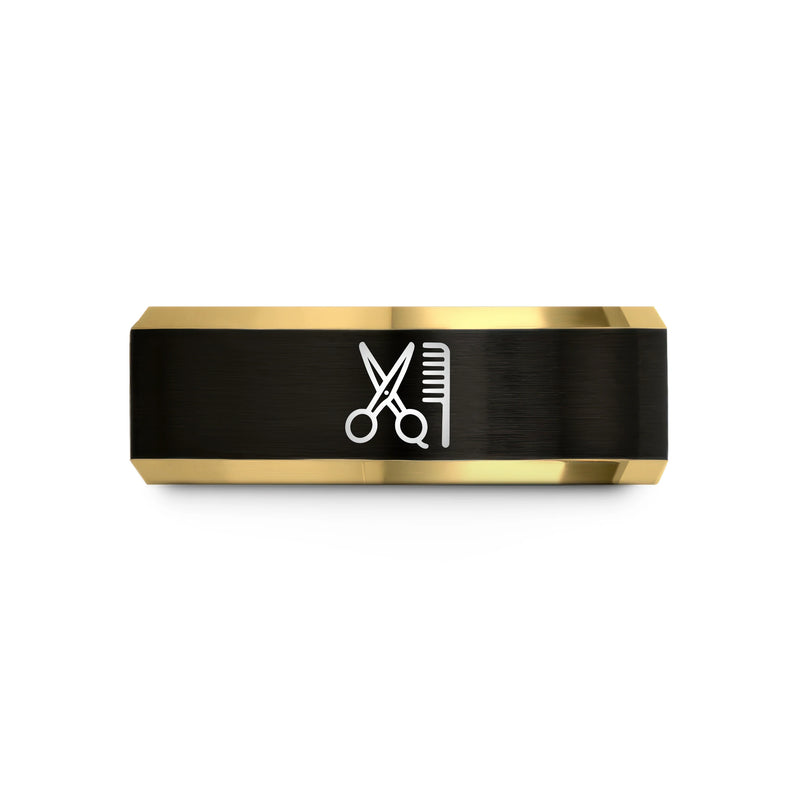 Scissors Comb – Tungsten Wedding Band, 8 mm, Gold, Black Comfort-Fit Unisex