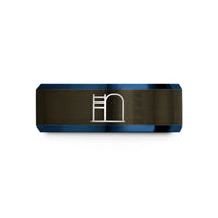 engraved rings for him – gunmetal & blue tungsten ladder barrel wedding band