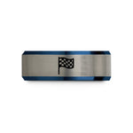 tungsten rings for women – black & blue & gray tungsten checkered flag wedding band