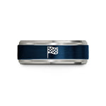 personalized presents for her – blue & grey tungsten checkered flag wedding band