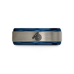 engraved bands for couples – black & blue & silver tungsten throwing knife target wedding band