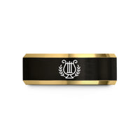 custom men wedding band – black & gold tungsten band crest wedding band