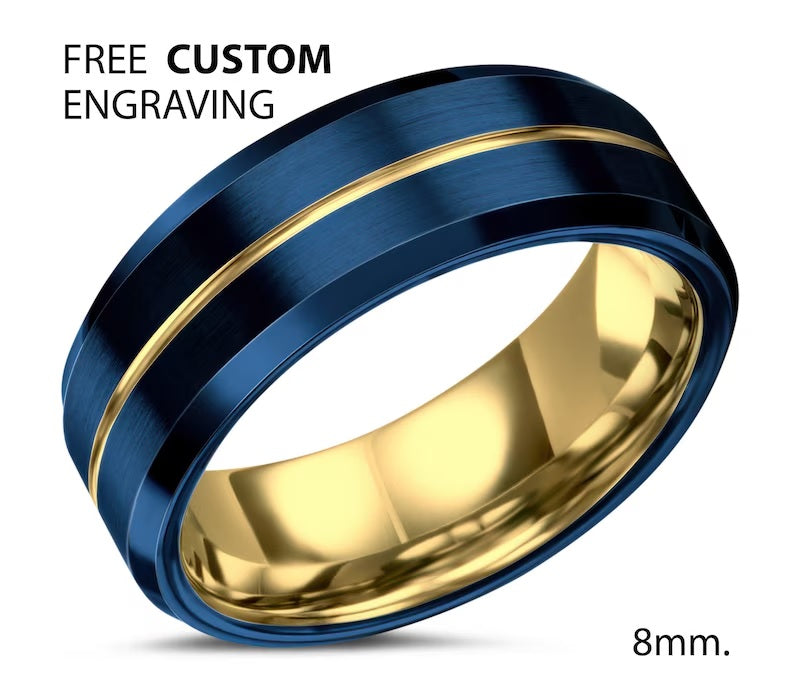 Beveled Tungsten Ring Blue, Men's Gold Wedding Band, Anniversary Gift Idea, Personalized Gifts for Him, Engraved Laser Ring, Fast Shipping