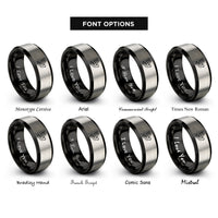 font options for inside engraving on black & silver abstract dove flight rings