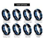 font options for inside engraving on blue & silver airplane dotted path rings