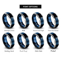 font options for inside engraving on blue & silver airplane dotted path rings
