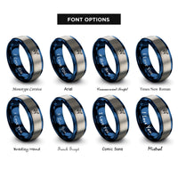font options for inside engraving on blue & grey airplane dotted path rings