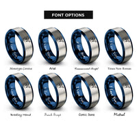 font options for inside engraving on blue & silver airplane dotted path rings