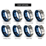 font options for inside engraving on blue & silver airplane dotted path rings