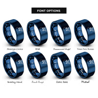 font options for inside engraving on blue airplane dotted path rings