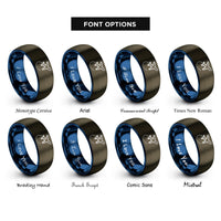 font options for inside engraving on gunmetal & blue airplane dotted path rings