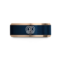 custom engraved rings – rose gold & blue tungsten soft pretzel wedding band