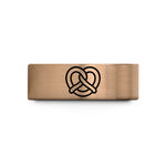 custom engraved rings – rose gold & blue tungsten soft pretzel wedding band