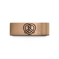 custom engraved rings – rose gold & blue tungsten soft pretzel wedding band