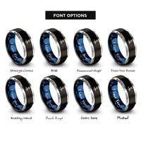 font options for inside engraving on black & blue & gray altitude arrow heartbeat rings