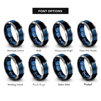 font options for inside engraving on blue & silver altitude arrow heartbeat rings