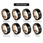 font options for inside engraving on black & rose gold anchored north arrow rings