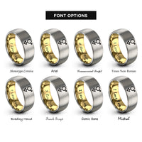 font options for inside engraving on gold & gray androgyne symbol rings