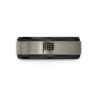 custom anniversary pottery presents – black & blue & gray tungsten checkered flag wedding band