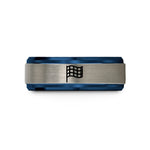 custom anniversary pottery presents – blue & silver tungsten checkered flag wedding band