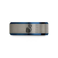 engraved ring for her – black & blue & grey tungsten tending line wedding band