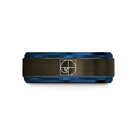 custom wedding band – gunmetal & blue tungsten spiral trace wedding band