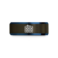 engraved ring for her – gunmetal & blue tungsten departure board wedding band
