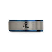engraved rings for couples – black & blue & gray tungsten arcade joystick wedding band