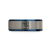unique couple ring design – black & blue & silver tungsten ts monogram wedding band