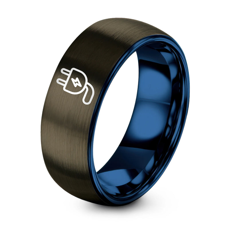 Charging Plug – Tungsten Wedding Band, 8 mm, Blue, Gunmetal Comfort-Fit Unisex