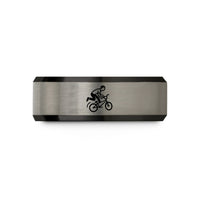 mens tungsten wedding bands – black & blue & gray tungsten freestyle bmx tailwhip wedding band