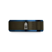 engraved rings for her – gunmetal & blue tungsten heceta lighthouse wedding band