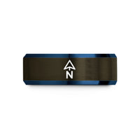 engraved promise ring – gunmetal & blue tungsten north arrow n wedding band