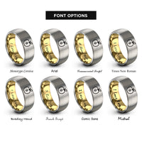 font options for inside engraving on gold & grey apple slice leaf rings
